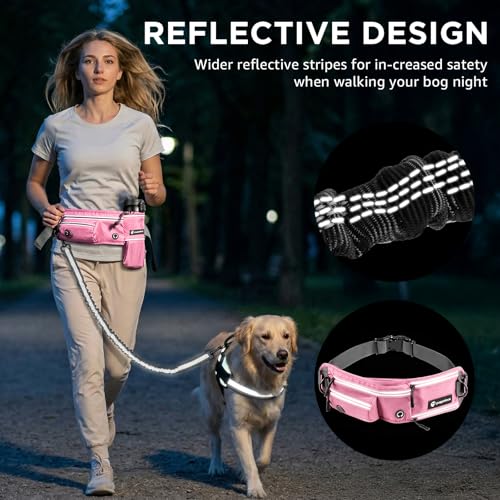 Hands Free Dog Leash with Waist Pack Bungee for Running Pink - color: Pink