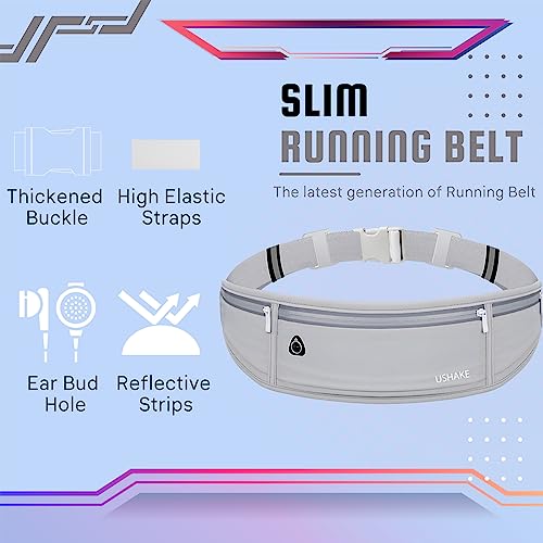 USHAKE Slim Running Belt, Bounce Free Fanny Pack Phone Holder - color: Light Grey