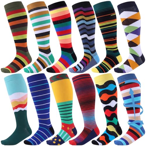 Shyyween 12 Pairs Men Knee High Compression Socks - size: Large, style: Colorful Textures