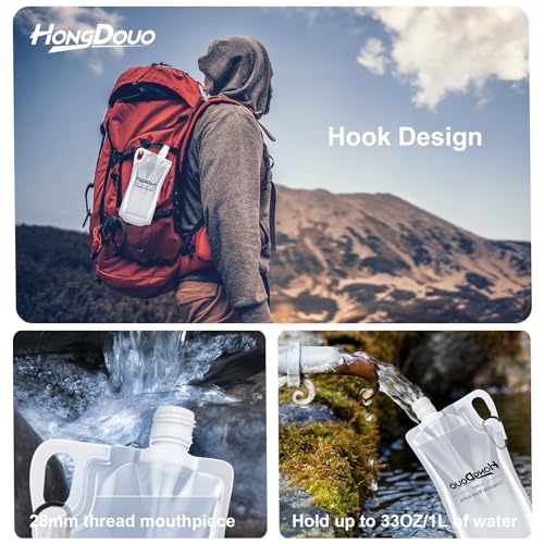2 Pack Collapsible Water Bottles, 1L Hiking Water Flasks (2L Total) - 33oz BPA-Free Reusable Drink Bags With Carabiners and Handles, Squeeze Water through a Filter or Use as Water Bottles
