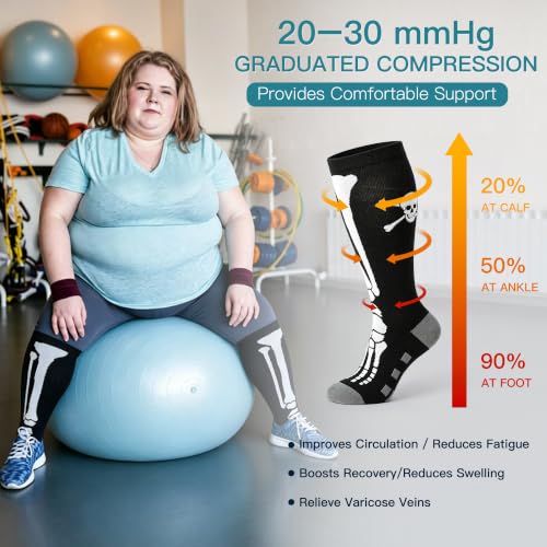 3/4 Pairs Wide Calf Compression Socks for Women Men 20-30 mmHg Knee High - color: 4 Pairs Skull, size: 5X-Large