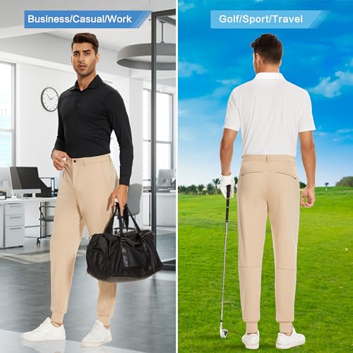 JWM Men's Stretch Golf Joggers Pants with Belt Loops - 29" 34" Slim Fit Tapered Casual Business Travel Dress Work Sweatpants - color: 03-khaki, size: Small