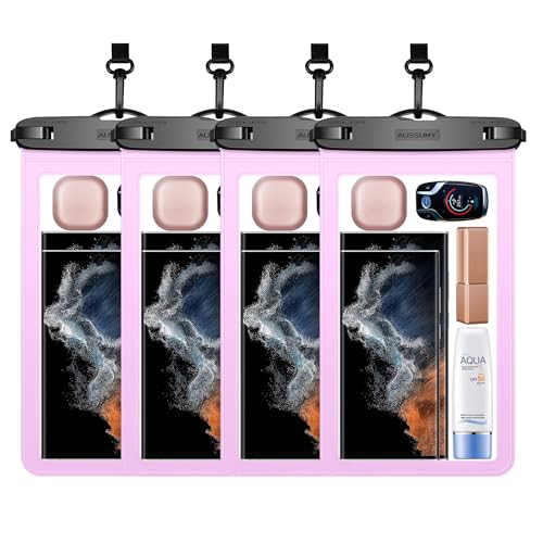 4 Pack 10.5“ Large Waterproof Phone Pouch - Underwater Clear Cell Holder - Universal Water Proof Dry Bag with Neck Lanyard for iPhone 16 Pro Max Samsung Galaxy with Heavy Case for Beach Swimming Pool - color: 4 Pink