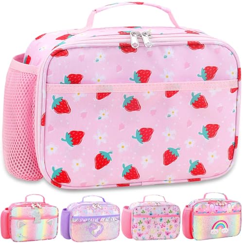 RHCPFOVR Kids Lunch Box for Girls Teens Insulated Lunch Bag Reusable Lunch Tote Kit for School Travel - color: Pink Strawberry