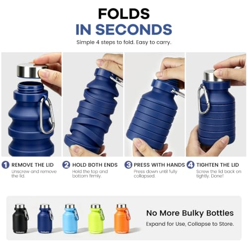 Nefeeko Collapsible Water Bottle, Reuseable BPA Free Silicone Water Bottles - color: Navy Blue-18oz