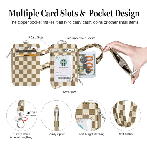 bolimoss Checkered Lanyard Wallet with ID Badge Holder Breakaway Neck Lanyard, Pu Leather Zip Id Case Wallet with Zipper Pocket for Women Office Worker Teacher Student Nurse - color: Khaki Beige Checkerboard