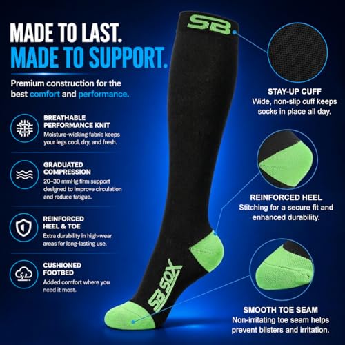 SB SOX Compression Socks for Men & Women (20-30mmHg) - color: Black/Green, size: Medium
