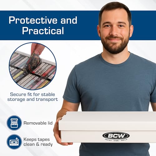 BCW Cassette Tape Storage Box for 60 Standard Cassettes - 3 Pack | Cassette Tape Case & Holder Organizer | Durable Corrugated Holder with Lid