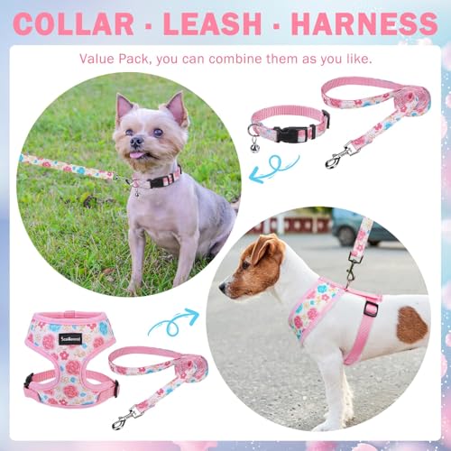 SCENEREAL Small Dog Harness and Leash Set, Flowers Pink, XS - color: Pink-Floral, size: XS: Chest Girth: 10"-14"
