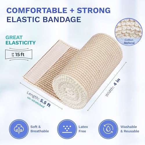 4" Elastic Bandage Wrap with Self-Closure, 2-Pack – 15 ft Stretched – Latex-Free, Reusable, Washable – Compression Support for Sprains, Injuries, Swelling, Sports Recovery - size: 4"