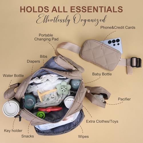 Rexmore Puffer Quilted Diaper Fanny Pack, Crossbody Mom Purse, Khaki - color: Khaki