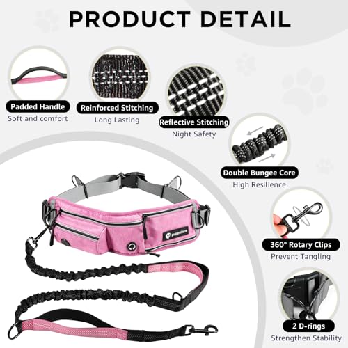 Hands Free Dog Leash with Waist Pack Bungee for Running Pink - color: Pink