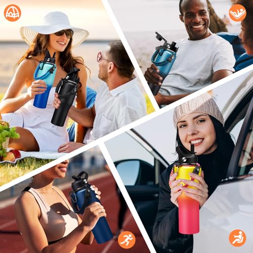 32 oz Travel Coffee Mug & Water Bottle Fits Car Cup Holder Straw Spout Lids - color: Yellow Pink, size: 32 Ounces