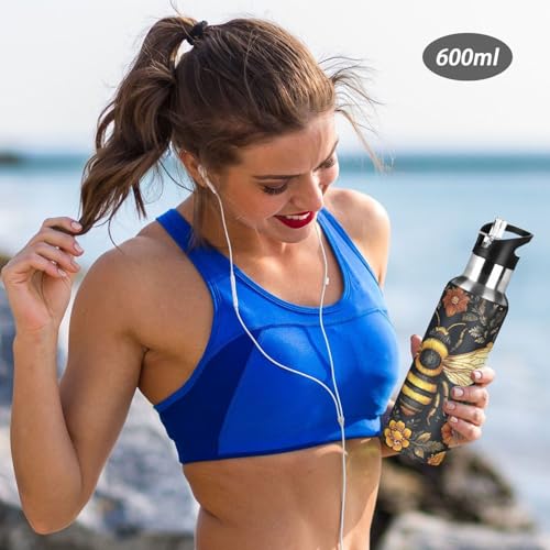 OTVEE Bohemian Golden Bee Water Bottle Sports Water Bottle Insulated Stainless Steel Hot Cold Water Mug with Straw Lid & Handle for Sports Gym 20 oz - color: Bohemian Golden Bee