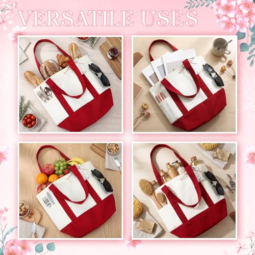 Shinylin Mini Canvas Tote Bags with 2 Pockets - color: Red and Beige