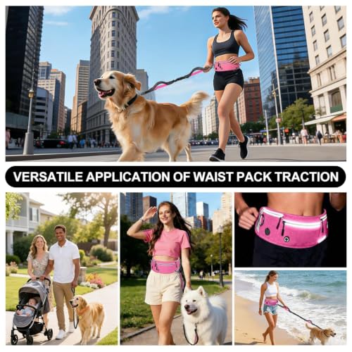 Hands Free Dog Leash with Partitioned Pouch Adjustable Waist Belt, Waist Leash for Dog Walking Running, Dual Handles,for Medium/Large Dogs - color: Pink