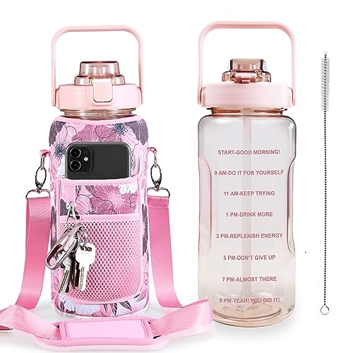 Half Gallon Water Bottle with Sleeve, 64OZ Motivational Water Bottle - color: Pink Rose