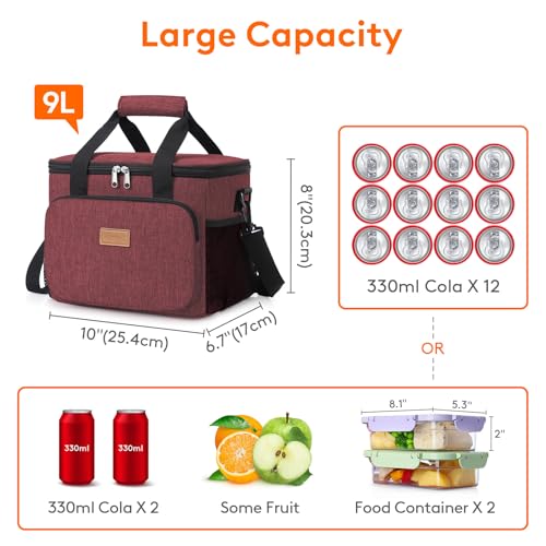 Lifewit Insulated Lunch Box for Men, Lunch Bag Cooler Women, 12-Can 9L - color: Burgundy, size: Medium(9L)