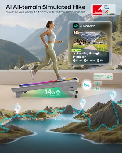 UREVO CyberPad Smart Walking Pad with 14% Auto Incline, Brushless Motorized Under Desk Treadmill for Home Office Fitness, Elegant Speed Lights, Spacious Surface, Digital Controller, AI-Powered App - color: Silver