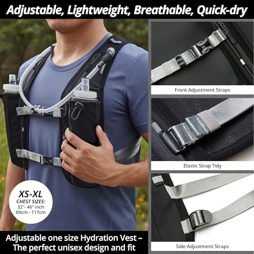 Running Hydration Vest for Women and Men. Reflective, 8 Pocket, Quick Dry, Water-Resistant, Breathable, Adjustable Backpack for Runs, Hiking, Cycling, Trails, Marathons - style: Black Vest + 2x 500ml Soft Flasks