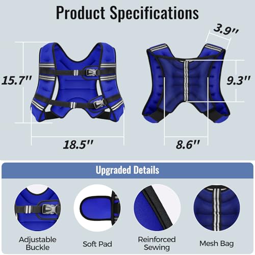 Zeerun Weighted Vest, 6/8/10/12/15/18/20/24/30LB for Men Women - color: Blue, size: 18 Lb