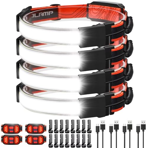 LED Headlamp, USB Rechargeable Hard Hat Light, 230° Broadbeam Headlight - color: Black Stripes + Red 4PC