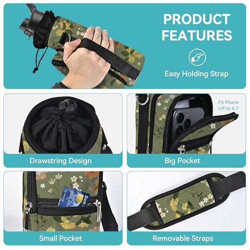 25/32/40/64oz Water Bottle Bag Holder Carrier-Insulated Crossbody Sling Case Sleeve with Strap & Pockets for Men Women Gym Cycling Travel Walking Hiking Camping - color: Green, Flowers, size: 25oz