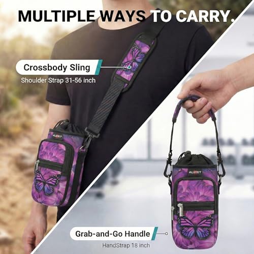 AUPET Water Bottle Sling Bag Sleeve Holder Carrier 25/32/40/64 oz,Insulated Crossbody Water Bottle Case Cover with Strap and Pockets for Men/Women Walking Hiking - color: purple butterfly flower, size: 40oz