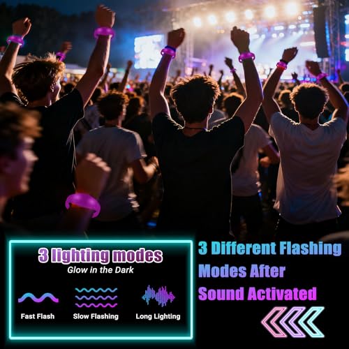 12 Pcs LED Glow Bracelets Sound Activated Flashing Light Up Bracelet for New Years Eve Glow in the Dark Party Supplies Christmas Party Favors Birthday Gift Carnival Concerts Night Events - color: Purple