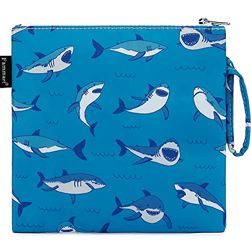 Fammart Reusable Sandwich Bag/Snack Bag for Kids & Adults, Dual Layer Lunch Bag with Handle, Cosmetic Bag Makeup Travel Bag for Women Girls, Washable, Food Safe, BPA Free (1-Pack, Shark) - color: Large, 1 Pack - Shark