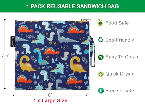 Fammart Reusable Sandwich Bag/Snack Bag for Kids & Adults, Dual Layer Lunch Bag with Handle, Cosmetic Bag Makeup Travel Bag for Women Girls, Washable, Food Safe, BPA Free (1-Pack, Dinosaur) - color: Large, 1 Pack - Dinosaur