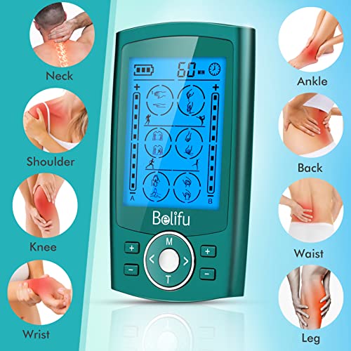 Belifu Dual Channel TENS EMS Unit 24 Modes Muscle Stimulator for Pain Relief Therapy, Electronic Pulse Massager Muscle Massager with 10 Pads, Dust-Proof Drawstring Storage Bag, Fastening Cable Ties - color: Green