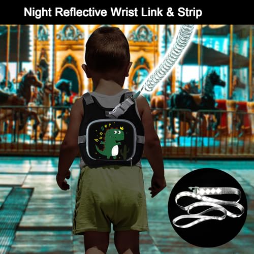 Accmor Toddler Harness Leash+ Anti Lost Wrist Link, Cute Dinosaur Kids Harness with Leash, Collapsible Child Leash Baby Walking Wristband Assistant Strap Belt for Boys - color: Black/Cute Tyrannosaurus Rex