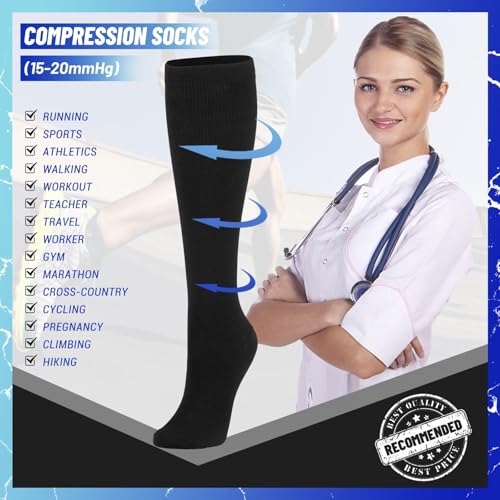 3 Pairs Compression Socks for Women & Men 15-20 mmHg, Knee High - color: 04 Black/Nude/White, size: Small-Medium