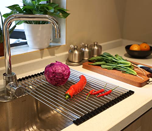Ahyuan Roll up Dish Drying Rack Over The Sink Kitchen Roll up Sink Drying Rack Stainless Still Portable Drainer Foldable Dish Rack (Black, 17.8''X13.5'') - color: Black, size: Rectangle 17.8 inches x 13.5 inches