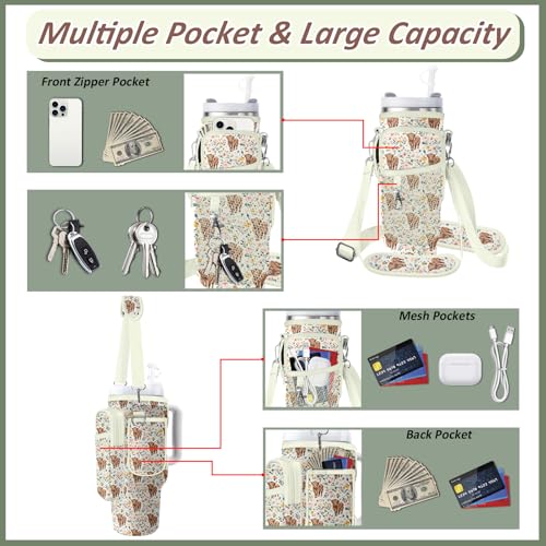 Water Bottle Carrier Bag for Stanley 40/30oz Cup Tumbler with Phone Pocket,Insulated Crossbody Water Bottle Holder with Adjustable Strap,Water Bottle Sling Pouch for Hiking Walking Camping Accessories - color: Highland Cow