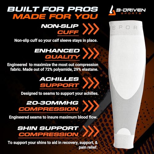B-Driven Sports Graduated Calf Compression Sleeve - 20-30mmHg Medical Grade Sleeves for Men & Women - Pain Relief, Support for Nurses, Athletes - Reduces Swelling, Improves Circulation - White, Small