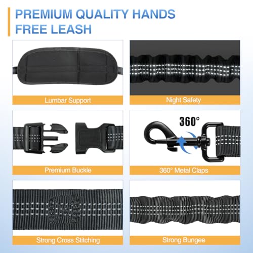 Kytely Hands Free Dog Leash with Zipper Pouch, Wide Padded Waist Dog Running Leash, Dual Padded Handles, Retractable Bungee for Walking Jogging Training Hiking - size: Small