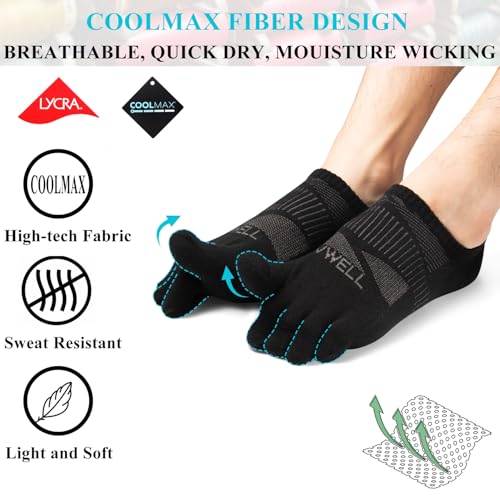 VWELL No Show Toe Socks for Men Women COOLMAX Five Finger Socks Athletic Running Ankle Low Cut 5 Toe Socks (3Pairs) - color: Black, size: Large