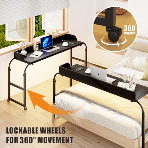 HWB Over Bed Desk with LED Light, Wheels & Charging Station, Black - color: Black