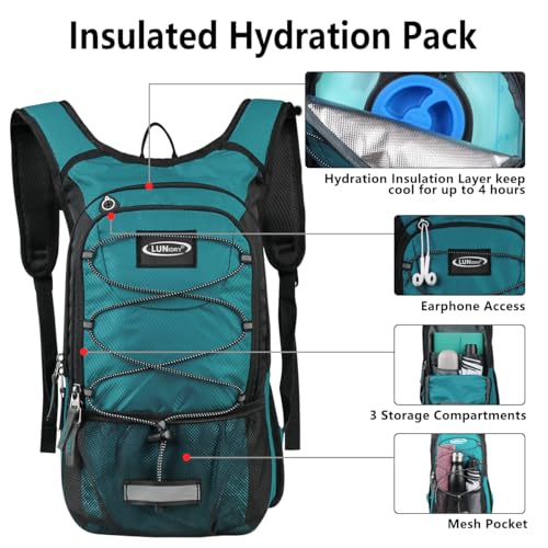Hydration Backpack with 3L Water Bladder, Small Hydration Pack Backpack for Men Women, Lightweight Water Backpack with Cooler Layer for Running, Biking, Hiking - color: Dark Emerald