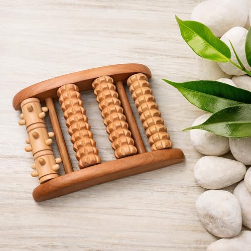 Wooden Foot Roller Massager, 4 Textured Rollers, Reflexology Tool, Brown