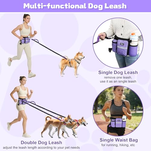 ETACCU Heavy Duty Hands Free Dog Leash with Zipper Pouch for Two Dogs, Waist Belt for Large Medium Dogs for Running, Walking, Jogging and Hiking, Dual Padded Handles and Durable Bungee (2 Dog Purple) - color: 2 Dog Purple