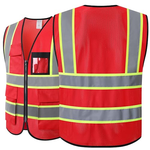 Reflective Safety Vest for Men Women Hi Vis Vest with 8 Pockets High Visibility Mesh Reflective Vest (Red-07,Large) - color: Red, size: Large