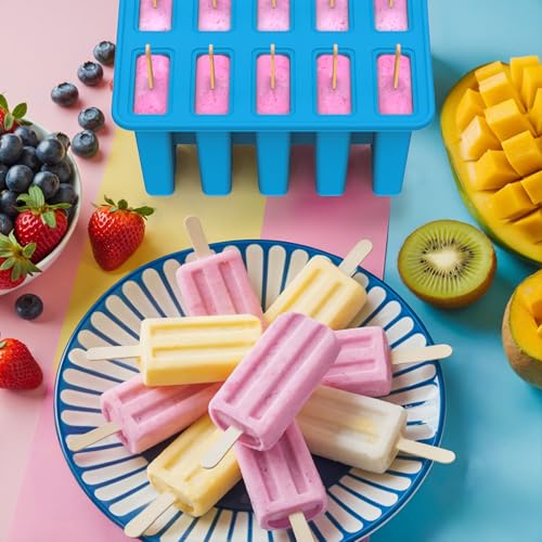 10-Cav Popsicle Molds, Silicone Ice Pop Mold for DIY Frozen Treats - color: Blue+Bin