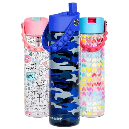 Elemental Splash 26oz Tritan Plastic Water Bottle with Straw & Pop-It Strap - color: Blue Camo, size: 26 Ounces