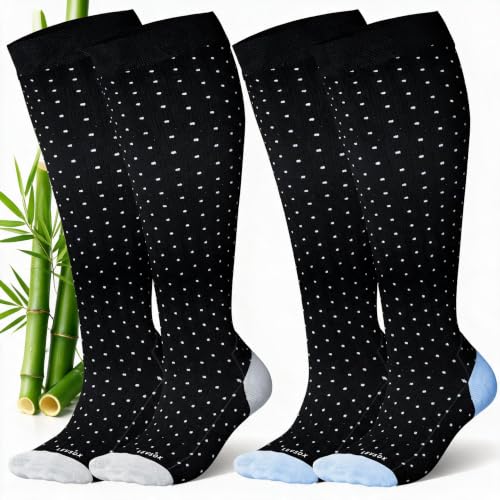 LEVSOX Bamboo Viscose Wide Calf Compression Socks 20-30 mmHg with Cushioned - color: Black Polka Dots, size: Medium