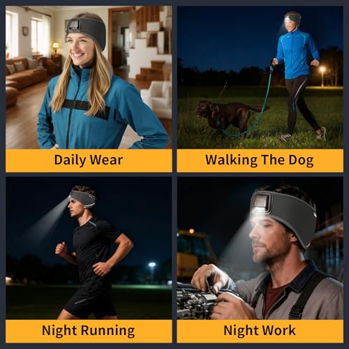 Taximi LED Winter Headbands for Women and Men Ear Warmer Headband with Light, 4 Light Modes, USB Rechargeable Warm Headbands for Cold Weather Running Cycling Ski - color: Dark Gray
