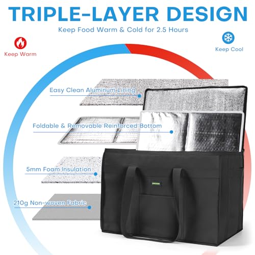 JUNGYOON Heavy-Duty Insulated Grocery Bags & Insulated Bag – Collapsible Cooler Bag with Zippered Top - color: 1 Pack-Black-27L, size: 16''x9''x12.5''