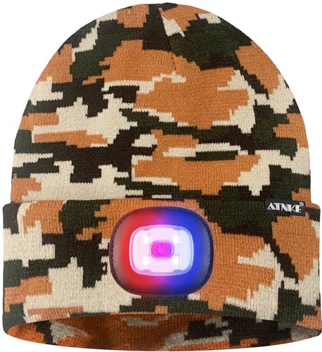 ATNKE LED Lighted Beanie Hat,USB Rechargeable 4 LED Red and Blue Flashing Running Headlamp Cap Gifts for Men and Women - color: #Camouflage Yellow